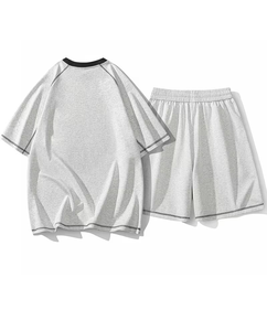 Men Solid Gray Cotton Crew Neck T-Shirt Set Breathable Knit Shorts Summer Casual Outfit 180g Plain Dyed - Product Image 2