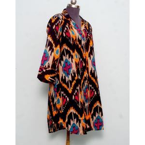 Luxury Indian Cotton Digital Printed ikat Pattern Evening Bridal V-Neck 3/4Sleeve Midi long shirt <b>Dress</b> for Women Eco-Friendly - Product Image 4