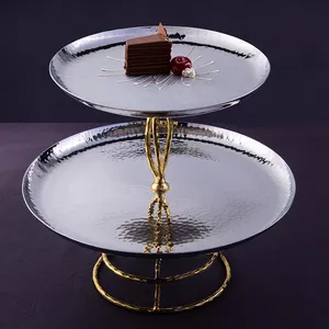 Handmade Stainless Steel <b>Circle</b> Cake Platter 2-Tier Gold Stand Decorative Serving <b>Tray</b> Buffet Presentation ZAHID EXPORTS Cake - Product Image 4