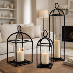 Modern Decorative Metal <b>Lantern</b> <b>Set</b> Matte Black <b>Lanterns</b> Black cand pillar holder for home & garden decor dinning Christmas Deco - Product Image 1