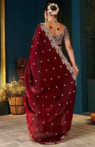 Indian Boutique Latest Bridal Designer Maroon <b>Satin</b> Silk Saree Gold Embroidery Premium Traditional Wedding Wear For Women Girl - Product Image 3
