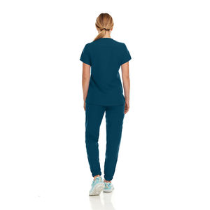 <b>Women</b> Medical Scrub Set V-Neck Top Pants <b>Teal</b> Spandex/Polyester Canvas Needle Detection Hospital Uniform - Product Image 2
