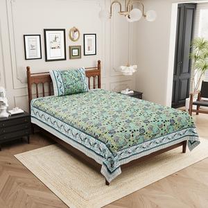 Parure de lit classique bleue style vintage imprimée, 1 drap plat, 1 housse de coussin, 100% coton 300 fils, écologique, style nature, personnalisable - Product Image 4