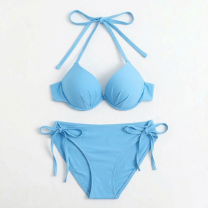 Traje de baño bikini clásico de dos piezas para mujer, de color liso, sexy, con espalda descubierta y diseño dividido - Product Image 6