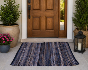 Tapis de porte extérieur rectangulaire rayé en jute tressé, avec envers antidérapant en caoutchouc, style ferme, tissage plat, idéal pour la cuisine - Product Image 1
