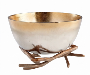 Bol en métal fait main avec base en bois de cerf, finition dorée, centre de table décoratif, style glamour, surface polie, pour mariage, maison, bureau - Product Image 1