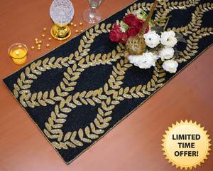 Black Gold Beaded <b>Table</b> Runner Rectangle Fabric Glam Handmade Mats - Product Image 1