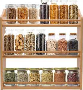 3 Tier Bamboo Spice <b>Rack</b> Organizer Glass Seasoning Jars Wooden Lids Storage Countertop Spice Bottle Container Set Food Pantry - Product Image 1