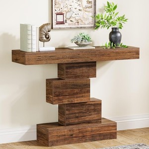 Mesa Consola Moderna de Madera Maciza con Base de Pedestal, Diseño Rústico, Mueble para Entrada o Sala de Estar - Product Image 1