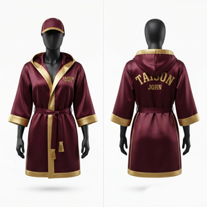 Unisex Boxing <b>Gloves</b> 220 GSM Premium Leather <b>Moisture</b> Wicking Laced Wrist Burgundy Gold Hooded Custom Embroidery Logo - Product Image 1