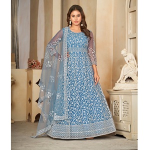 Elegante Traje Anarkali para Mujer, Color Azul Cielo, Manga 3/4, Crepé de Red, Semi-Cosido, para Bodas y Ocasiones Festivas - Product Image 1