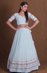 <b>Light</b> <b>Blue</b> Embroidered <b>Lehenga</b> Set Women Ethnic Dress Crop Top and Floor Length Skirt With Dupatta for Wedding Party - Product Image 4