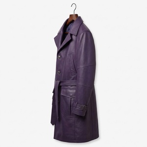 Purple Men's Genuine <b>Leather</b> <b>Trench</b> <b>Coat</b> <b>Long</b> Belted Overcoat Waterproof - Product Image 4