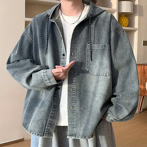 เสื้อฮู้ดดี้ผู้ชายสำหรับฤดูหนาว 350 GSM สีเทา แขนยาว ปิดด้วยกระดุม สไตล์สตรีทแวร์ เสื้อฮู้ดดี้เดนิมผู้ชาย - Product Image 5
