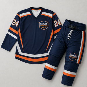 For Wholesale Rate Team Sportswear Sublimation Performance Fabric Breathable Lightweight Navy Orange Ice Hockey Uniform Sets - Product Image 1
