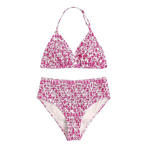 Conjunto de bikini halter estampado naranja y blanco para mujer, traje de baño de dos piezas de cintura alta, ropa de playa elástica fruncida, top triangular, bañador - Product Image 5