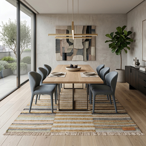 Tapis en laine tufté à la main beige et gris patchwork désertique, moderne, rayé, géométrique, écologique, antidérapant pour salon et chambre - Product Image 4