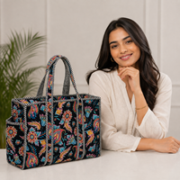 Sac fourre-tout promotionnel en tissu imprimé floral, forme carrée 16x15 pouces, avec doubles poignées et fermeture éclair, idéal pour le shopping