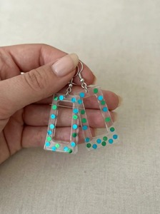 Modern <b>Clear</b> <b>Resin</b> Earrings With Blue Green Dots Handmade Geometric Design Statement Jewelry - Product Image 3