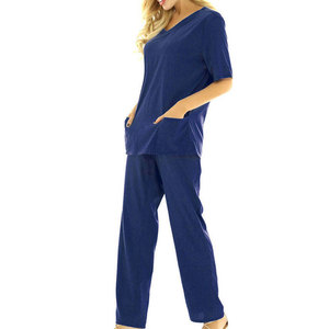 Ensemble de blouses médicales bleu marine à col en V pour femmes, manches courtes, uniforme d'infirmière, tenue de travail médicale d'hôpital, haut et pantalon en coton, ensemble de blouses de salon - Product Image 4