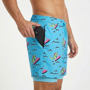 Shorts de bain 2-en-1 premium pour hommes avec ligne de compression, motif dinosaure amusant, logo personnalisé, vêtements de plage - Product Image 3