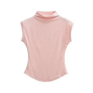 เสื้อยืดถักคอสูงแขนกุดสำหรับผู้หญิงทรงเข้ารูปสีทึบเสื้อลำลอง - Product Image 3