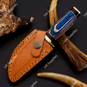 Razor Sharp Damascus Steel Fixed Drop Point EDC Knife Blue Pakka Wood Handle Brass Guard Premium OEM/ODM Skinner Camping Knife - Product Image 5