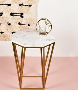 Modern Geometric Marble Top <b>Side</b> <b>Table</b> With <b>Gold</b> Metal Base Indoor Living Room Decor Accent Piece - Product Image 1