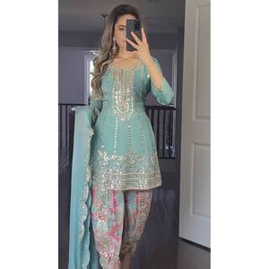 Conjunto de ropa de fiesta de diseñador para mujer Top elegante Dhoti Salwar Dupatta - Product Image 1