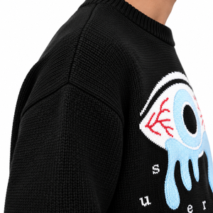Suéter de punto oversize negro para hombre con gráfico de ojos y diseño de lágrimas azules, cuello redondo, estilo urbano. - Product Image 5