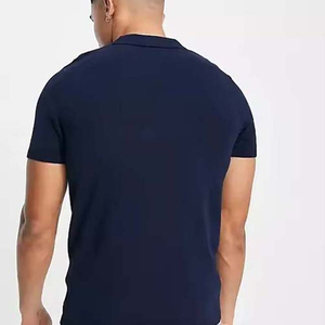 Men's <b>Navy</b> <b>Blue</b> Short Sleeve Knitted <b>Polo</b> <b>Shirt</b> Slim Fit Solid Color Casual Regular Length O-Neck Zipper Front - Product Image 2