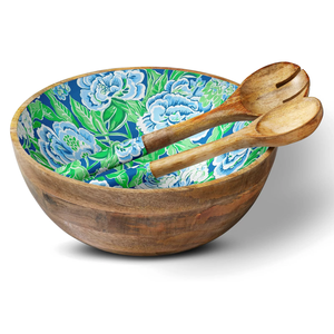 Mesa de madera de mango tallada a mano, ecológica, con estampado floral azul verdoso, tazón para servir ensalada natural, vajilla para el hogar y la cocina. - Product Image 1