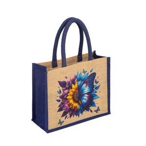Burlap Shopping <b>Bag</b> <b>Medium</b> Size Top Handle Hand Length Handle Daily Use Floral Butterfly Pattern Blue Purple Yellow - Product Image 2