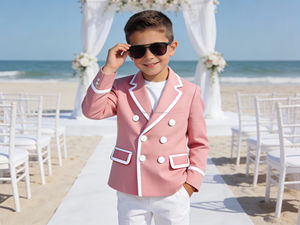 Traje de Blazer Cruzado Verde Oliva para Niños para Boda en la Playa |   Traje Formal para Niños con Ribete Blanco - Product Image 5