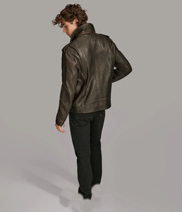 Men's Cow Skin <b>Leather</b> Moto <b>Jacket</b> Slim Fit Turn-down Collar Zipper Closure Solid Color Autumn Wear Modern fit plus size - Product Image 2
