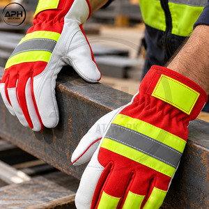 High Visibility <b>Red</b> Assembly Work <b>Gloves</b> Reflective Striped Back Yellow Finger Tips Leather Palm Roadway Maintenance Wear - Product Image 6