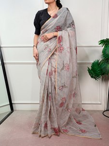 Sari Ligero Kota Doria con Estampado Floral y Blusa Bordada Lucknowi de Algodón Cosido, Elegante Traje Étnico Tradicional para Mujer - Product Image 3