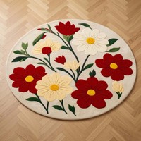Alfombra Redonda Floral, Alfombra de Lana con Diseño de Flores Rojas y Blancas, Alfombra Circular Botánica para Decoración de Sala de Estar, Dormitorio, Estilo Rústico