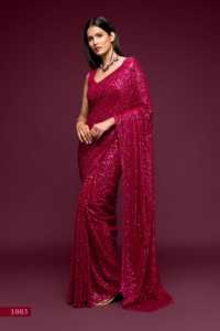 Sari de Georgette con Lentejuelas Magenta Rosa, Bordado Completo, de Lujo, Estilo Tradicional Indio, para Cóctel, Fiesta, Noche, Boda, Venta al por Mayor - Product Image 3