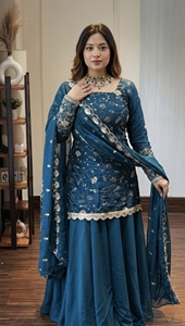 Conjunto de traje indio-pakistaní azul bordado para mujer, de viscosa jacquard, largo hasta el suelo, corte holgado, de secado rápido, Kurta y Palazzo - Product Image 4