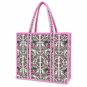 Le Souvenirs Sac fourre-tout en tissu de coton imprimé floral pour femme, avec fermeture éclair, poignées rayées vintage, léger, pour le voyage - Product Image 1