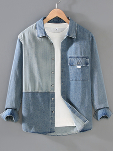 Camisa de Mezclilla Casual para Hombre, a la Moda 2026, Manga Larga, Diseño a Rayas con Parches, Cuello Clásico, Corte Regular, para Todas las Temporadas - Product Image 2
