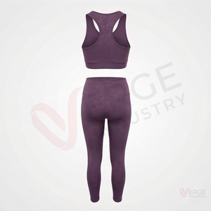 Women <b>Purple</b> Racerback <b>Crop</b> <b>Top</b> High Waist Leggings Yoga 2 Piece Set - Product Image 2