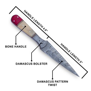 Cuchillo de caza de hoja fija de acero de Damasco OEM DIY con mango de hueso y funda de cuero, herramientas multifuncionales para camping al aire libre, punta de lanza - Product Image 2