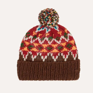 Gorro de Punto a Mano con Patrón Geométrico y Pompón Multicolor, Gorro de Invierno Unisex, Borde Acanalado Marrón, 56-58CM, Estilo Casual - Product Image 2