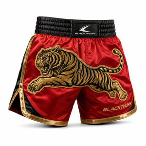 Pantalones Cortos de Muay Thai MMA para Hombre, OEM, Satinados, Bordados, Cintura Media, Cierre con Cordón, Deportivos, 100% Poliéster, Secado Rápido - Product Image 1