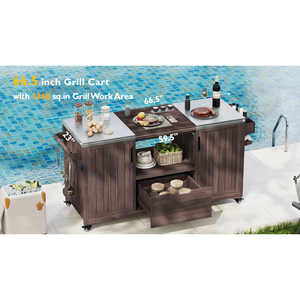 Isla de Cocina para Exteriores de Madera Sólida de 66.5 Pulgadas para Parrillas Big Green Egg, Carrito con Mesa de Acero Inoxidable para Camping - Product Image 1