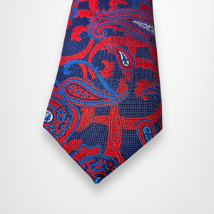 Premium <b>Navy</b> Blue & Red Paisley Silk Feel Necktie | Luxury Designer Woven Jacquard <b>Tie</b> for Men Formal Business Wedding Party - Product Image 3