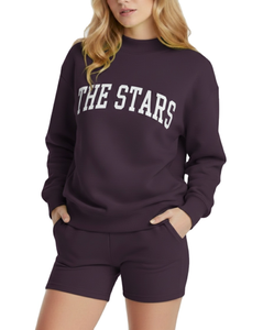 Women's Purple Crew <b>Neck</b> Sweatshirt With "The Stars" Front Print Regular Fit Long Sleeve 100% Cotton Knitted Breathable Autumn - Product Image 1