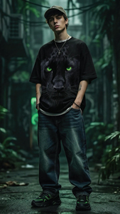 Camiseta de Manga Corta con Cuello Redondo para Hombre, Diseño de Pantera Negra con Ojos Verdes, Estampado Digital, Estilo Casual, Algodón Jersey, Talla Grande, Ecológica - Product Image 6